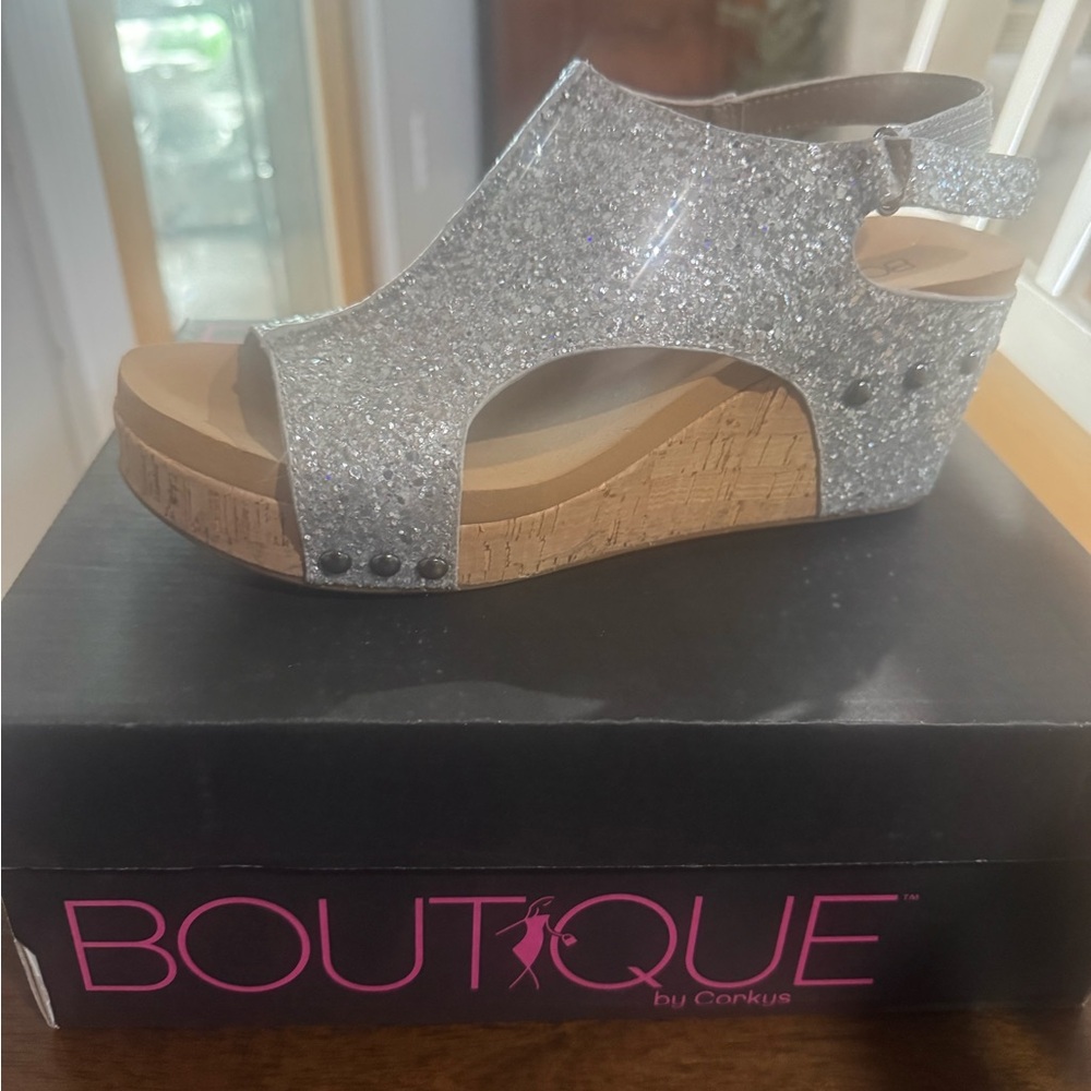 Corkys Silver Glitter Cork Wedge Sandals